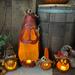 This shows a gourp of handmade pumpkin gourds lit up with a candle. each has a different face carved into the shell